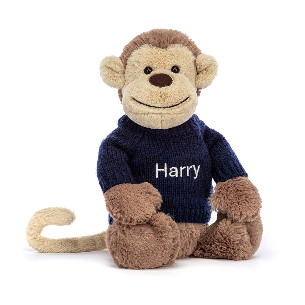 Bashful Monkey With Personalised Navy Jumper