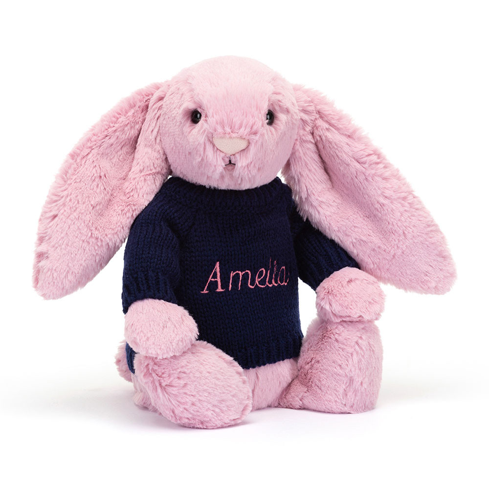 Bashful Tulip Pink Bunny With Personalised Navy Jumper