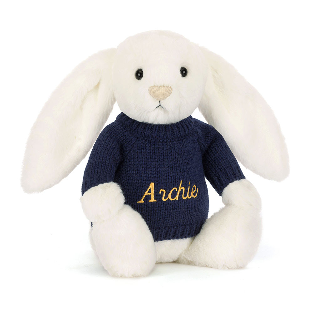 Bashful Luxe Bunny Luna With Personalised Navy Jumper
