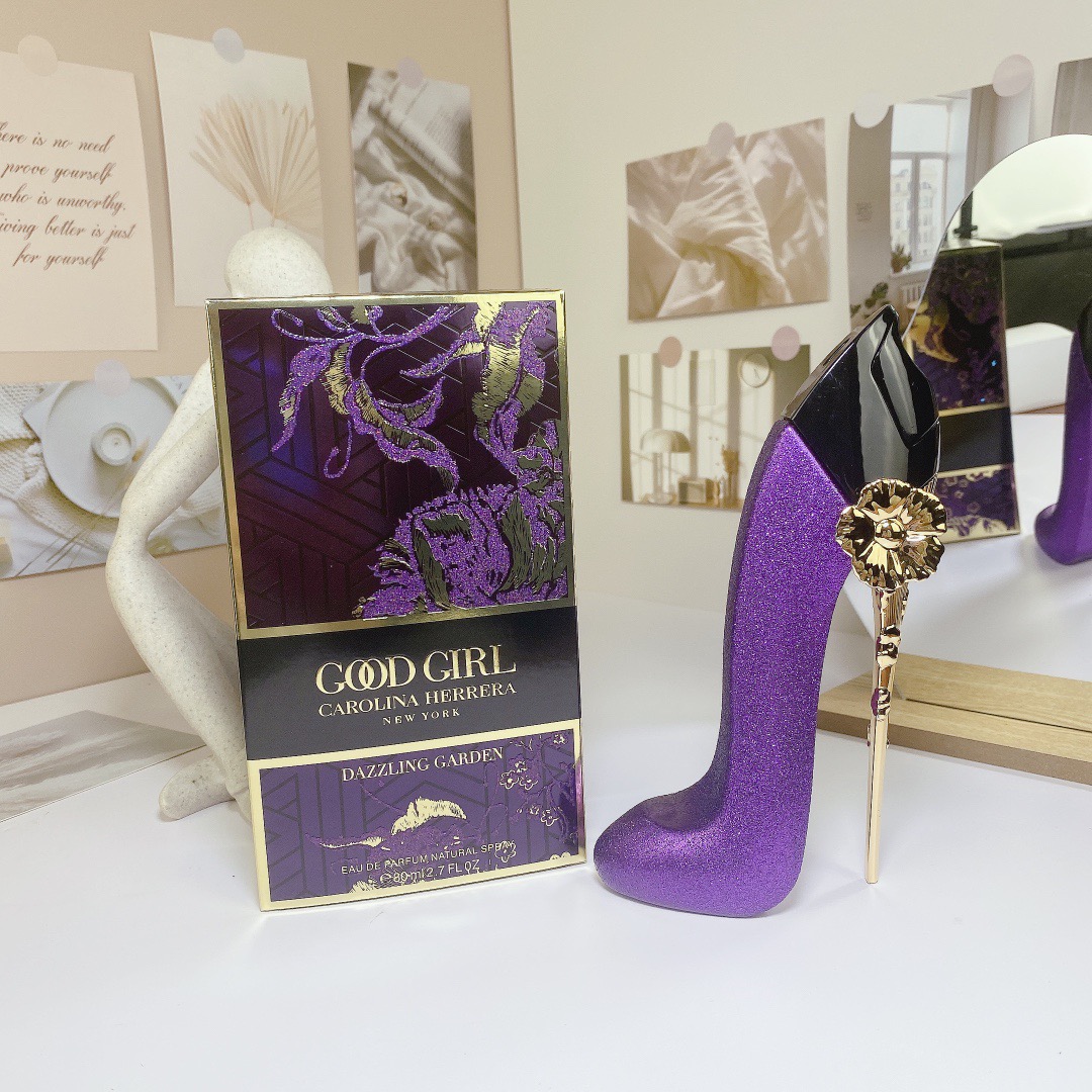 Carolina Herrera Very Good Girl Purple gold high heels