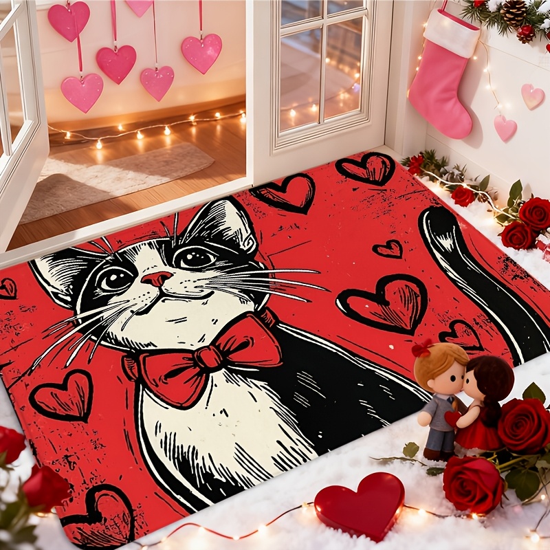 Flannel rug - Valentine's Day black and white cat tail bow heart red doormat