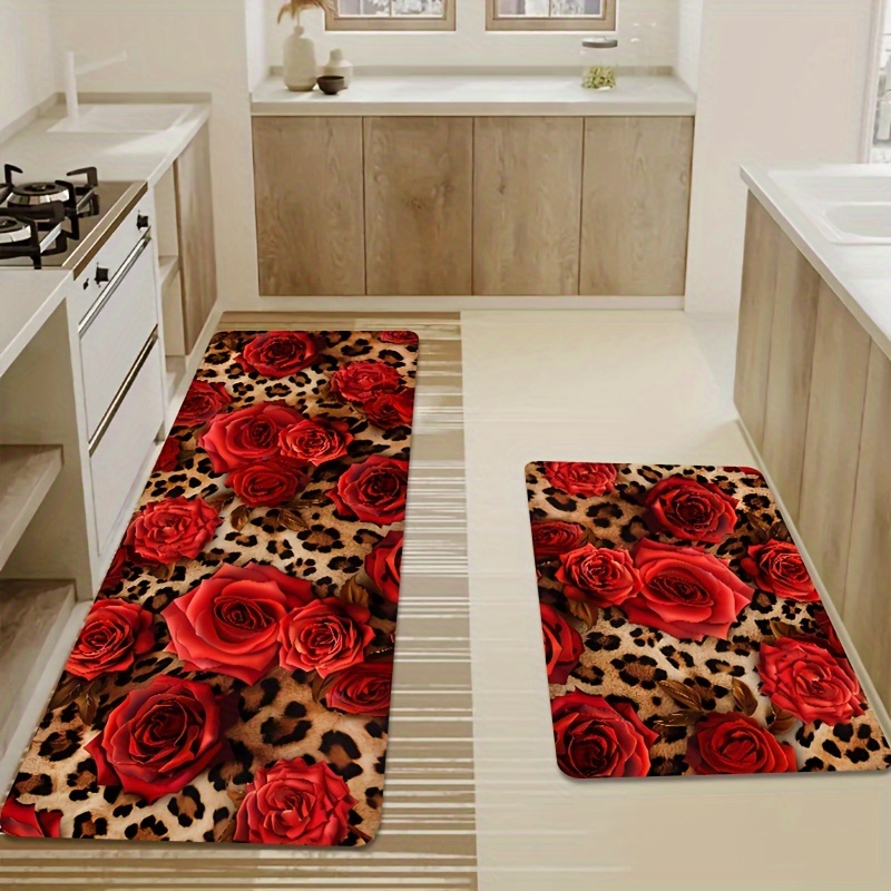 Flannel Rug - 2-piece set-Valentine's Day Modern Red Rose Leopard Print Rectangular Mat