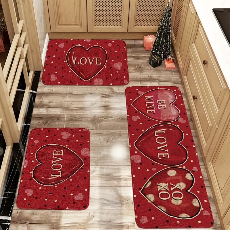Flannel Rug - 3-Piece Set - Valentine's Day Red Heart Decoration Vintage Farmhouse Style