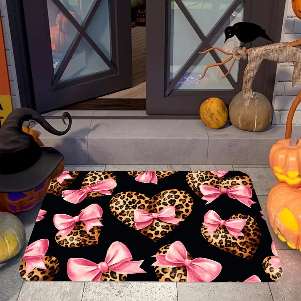 Flannel rug - Modern leopard print heart pink bow doormat