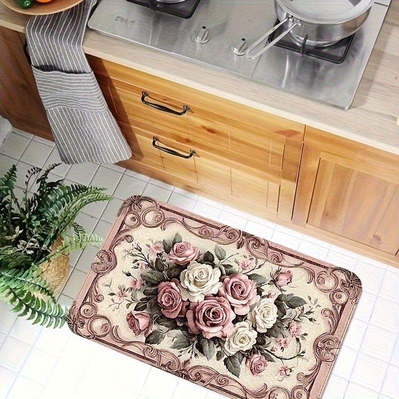 Flannel rug - Pink rose floral pattern European style kitchen mat