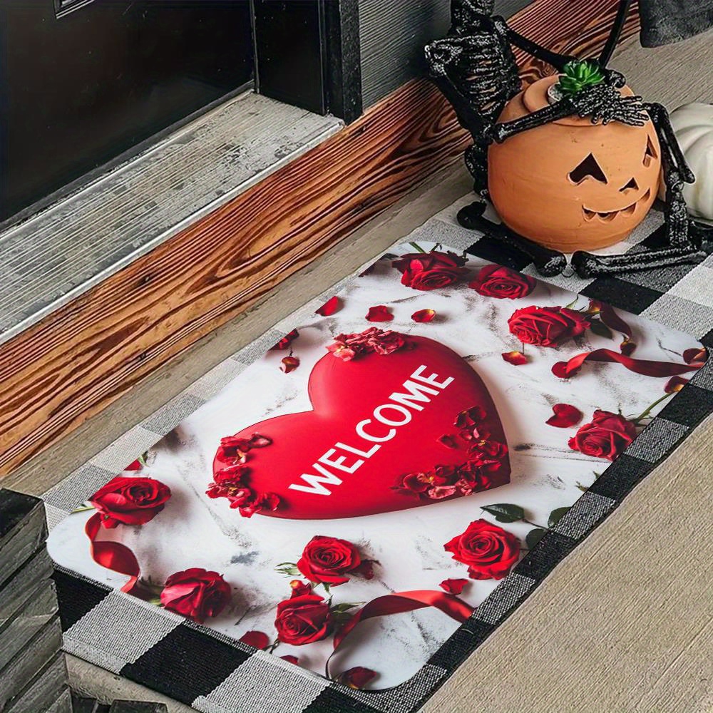 Flannel rug - Red heart with elegant floral design and lettering