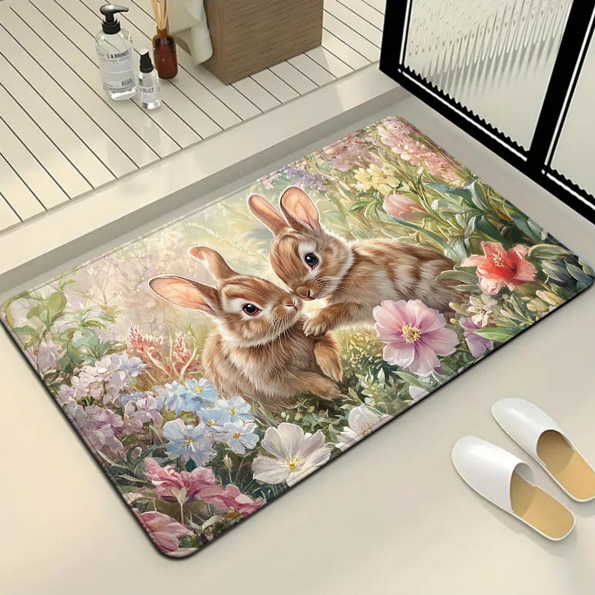 Flannel Rug 2-Piece Set - Easter Bunny Oil Painting Floral Jungle Pattern Long Rug