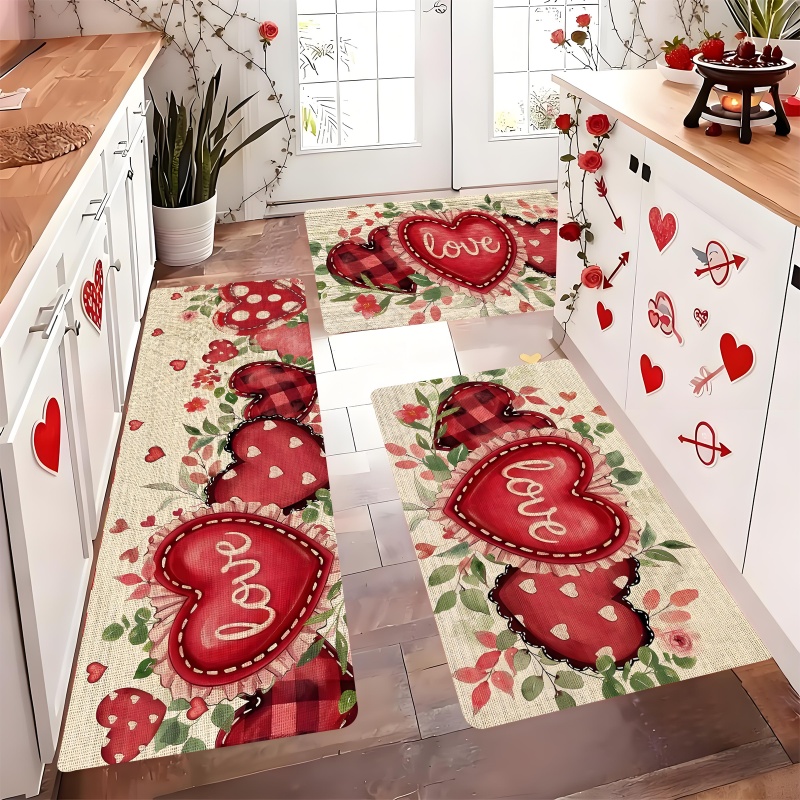 3-Piece Flannel Rug Set - Valentine's Day Kitchen Rug Set with Heart Pattern