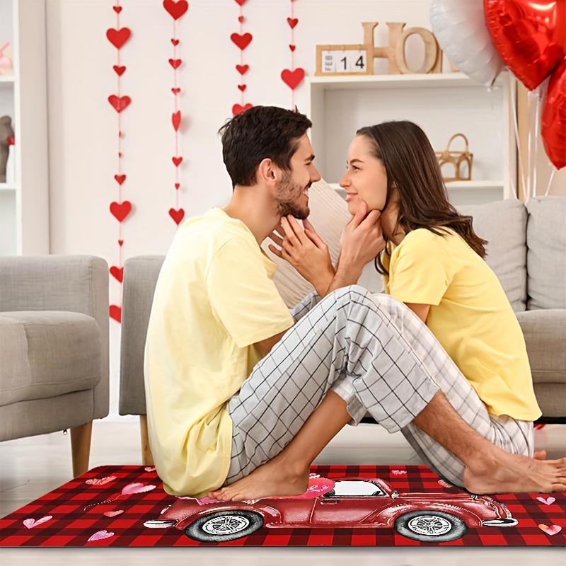 Flannel Rug-3-Piece Set - Valentine's Day Truck Heart Pattern Floor Mat Set - Red Checkered Heart Cutout Pattern