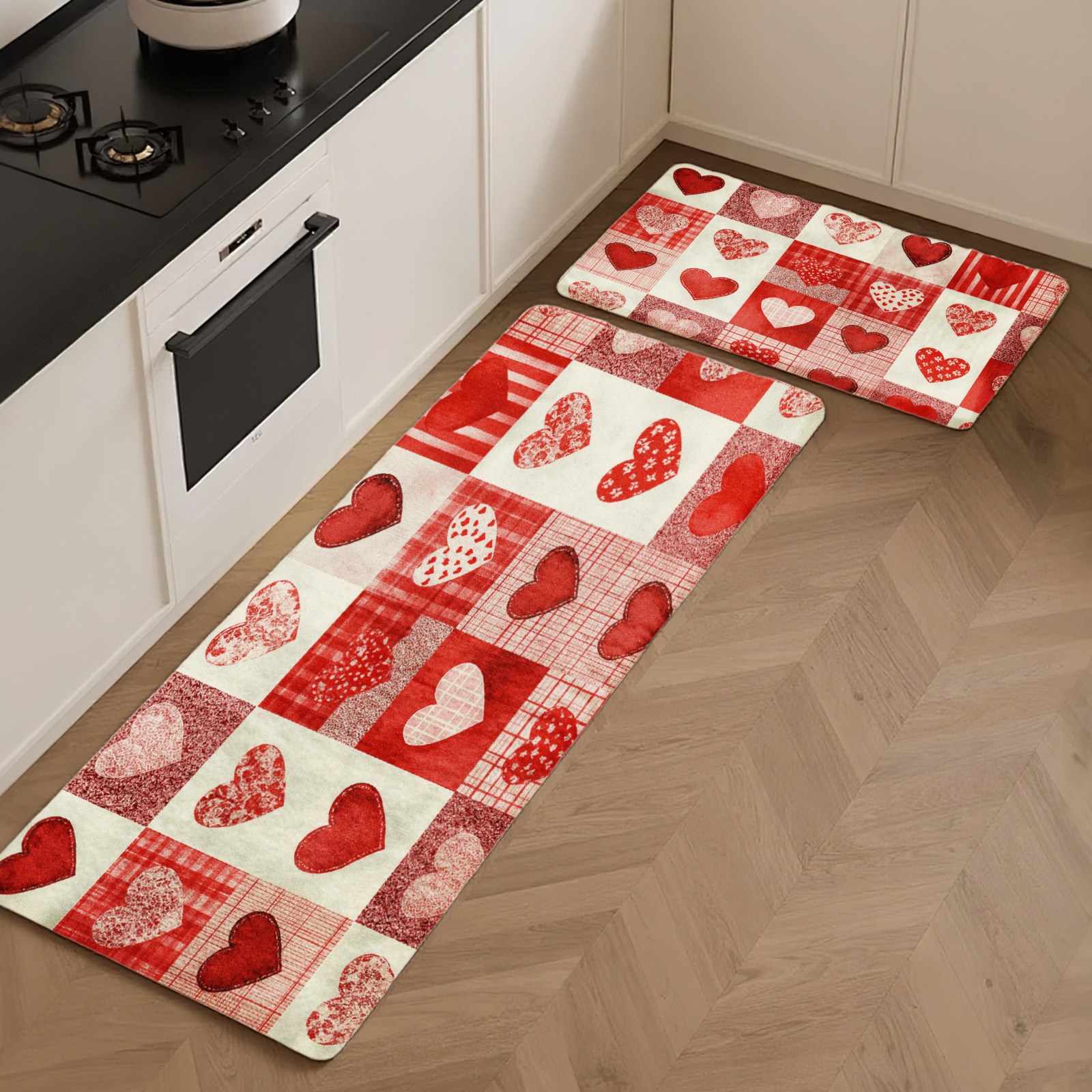 Flannel Rug - 3-Piece Set - Red and White Heart Patchwork Pattern Floor Mat