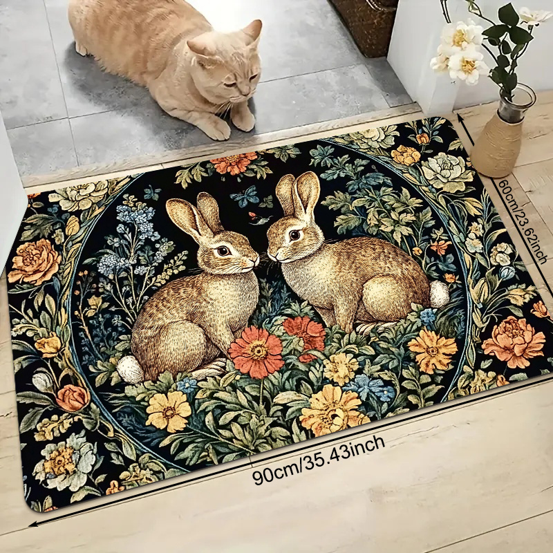 Flannel rug - vintage rabbit and floral pattern doormat