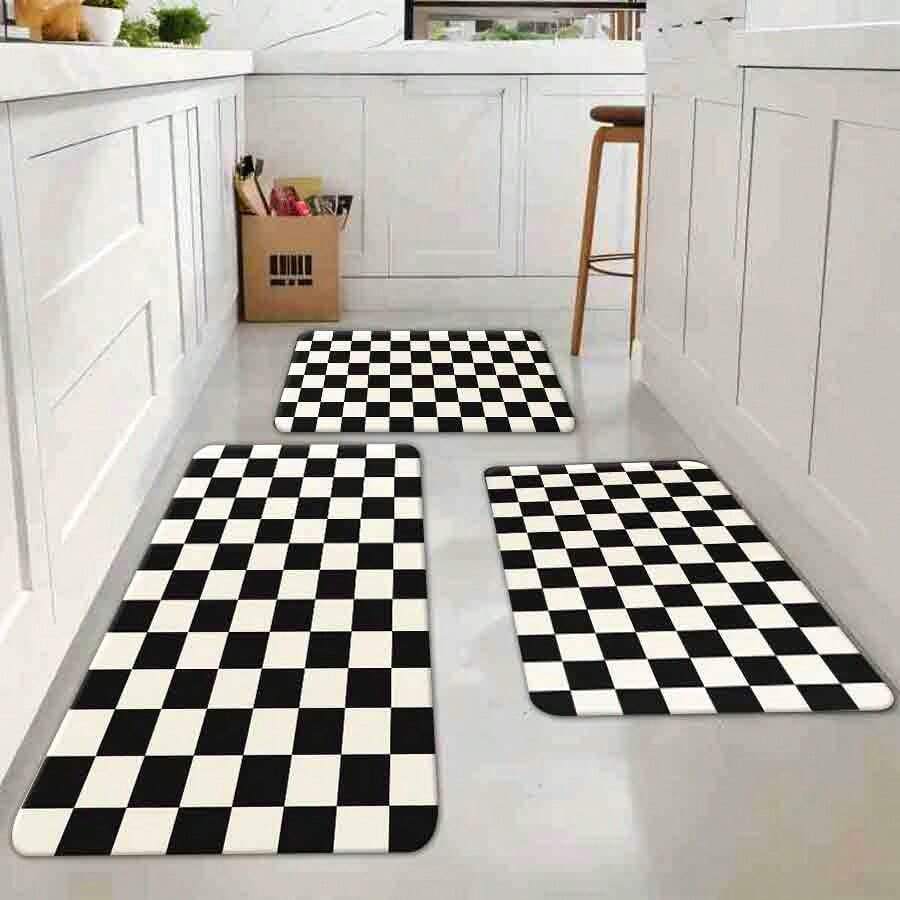 Flannel rug - rectangular floor mat, classic black and white checkered pattern floor mat