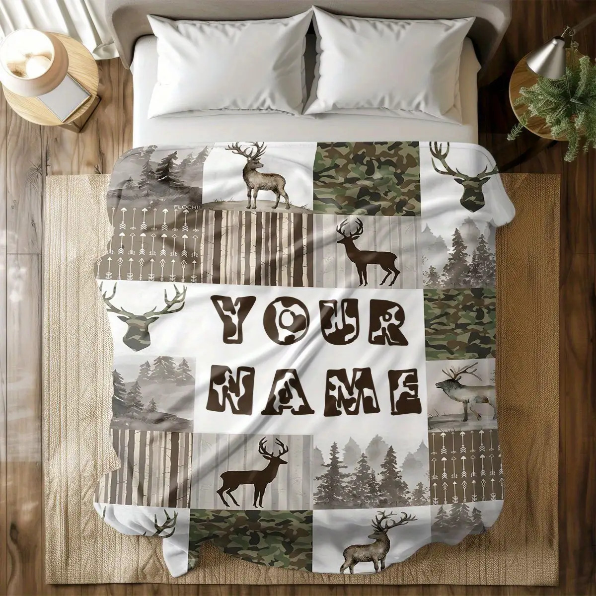 Flannel Blanket - Custom Name Deer Pattern Outdoor Forest Camouflage Blanket