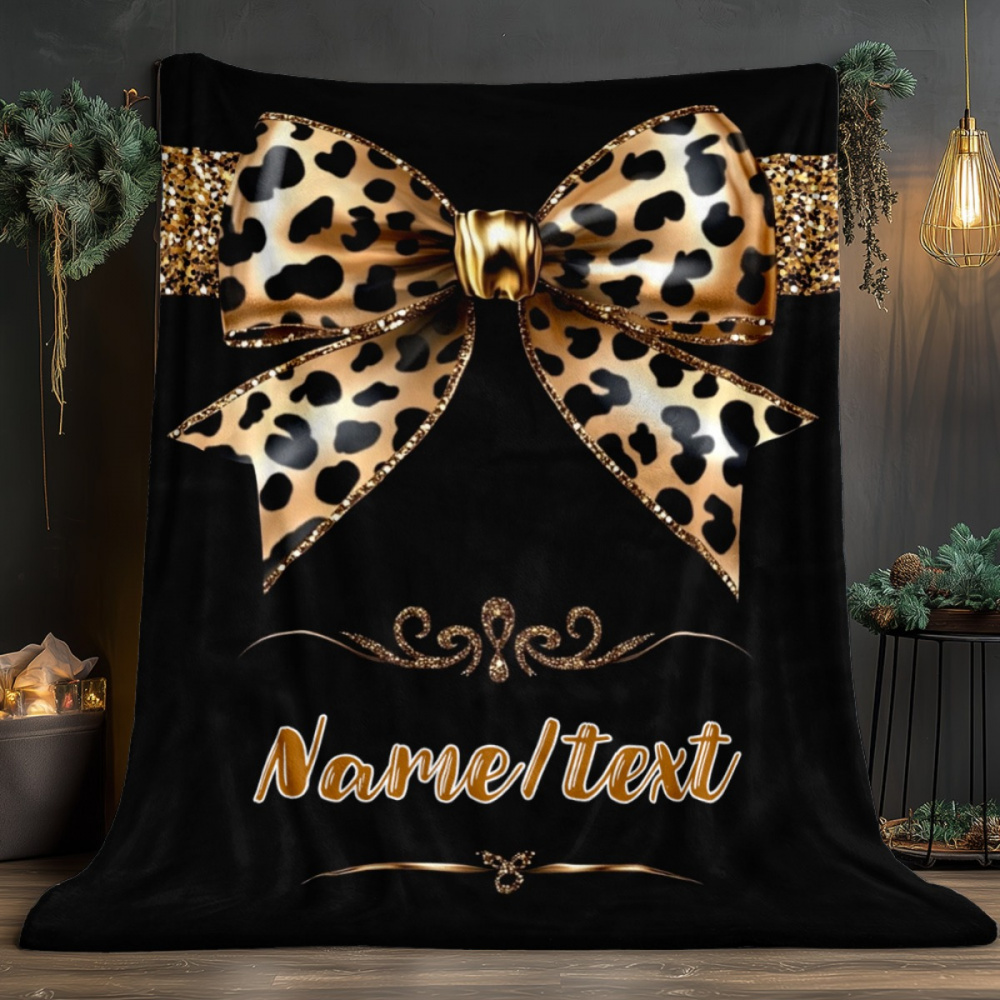 Flannel Blanket - Leopard Print Bow Custom Name Blanket