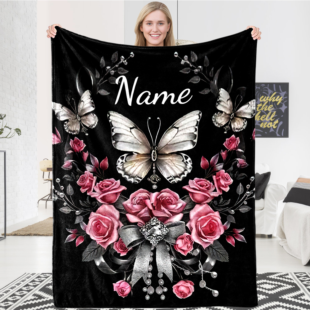 Flannel Blanket - Black with Butterfly and Rose Pattern