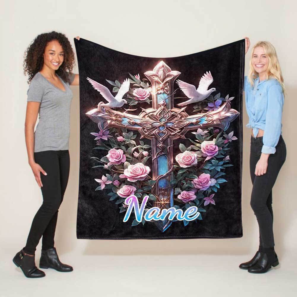Flannel Blanket - Personalized Religious Crosses and Floral Patterns