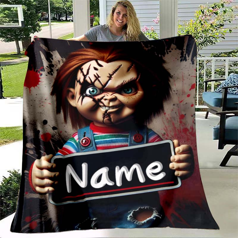 Flannel Blanket - All-season flannel blanket with customizable name, Chucky pattern