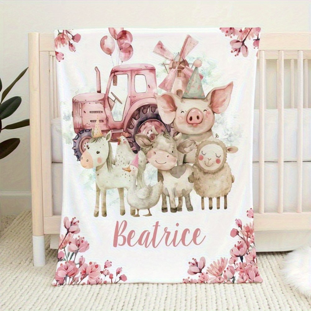 Flannel Blanket - Pastel Farm Animals and Floral Pattern