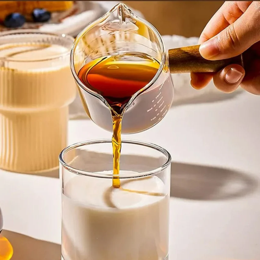 Glas Maatbeker mit Holzgriff, Espresso Messbecher, Doppel- und Einzelauslauf, Transparente Kaffeetasse für Milchkaffee, Kaffeebedarf