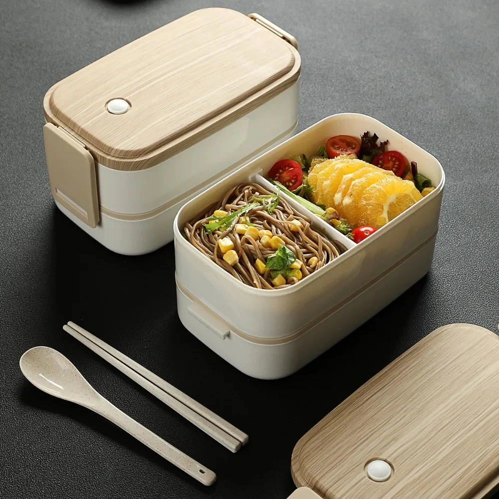 Doppellagige Lunchbox mit Holzoptik – Inklusive Essstäbchen und Löffel – Ideal für Büro, Schule, Picknick & Camping