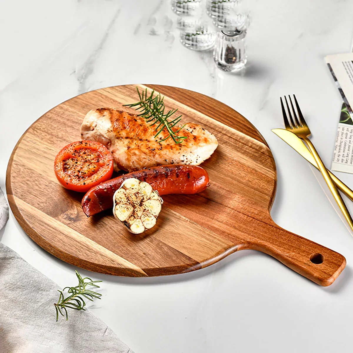 Acacia Holz Schneidebrett Rund mit Griff – 30,5 cm – Küchenbrett zum Schneiden von Obst, Gemüse und Brot