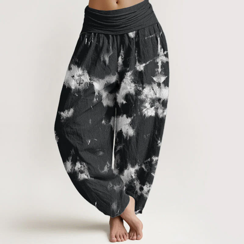 Mocoer Pure Cotton White Lines Spots Tie-Dye Pattern Women's Elastic Waist Harem Pants - Mocoer