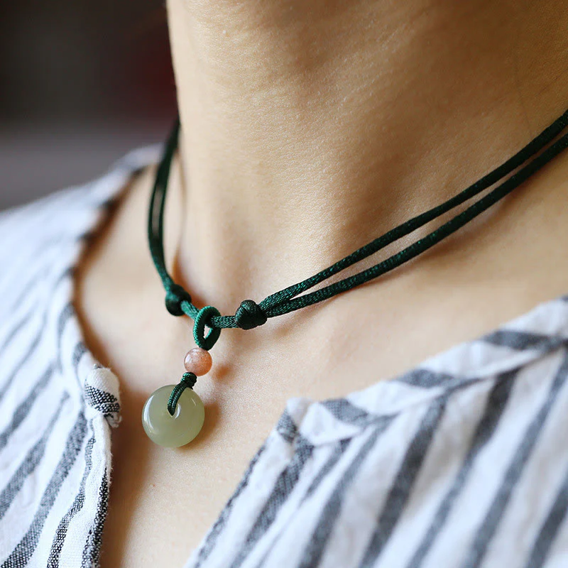 Mocoer Natural Round Jade Peace Buckle Lotus Abundance String Necklace Pendant - Mocoer