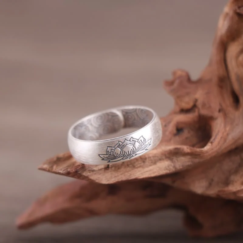 Mocoer 999 Sterling Silver Lotus Elephant Six True Words Blessing Ring - Mocoer