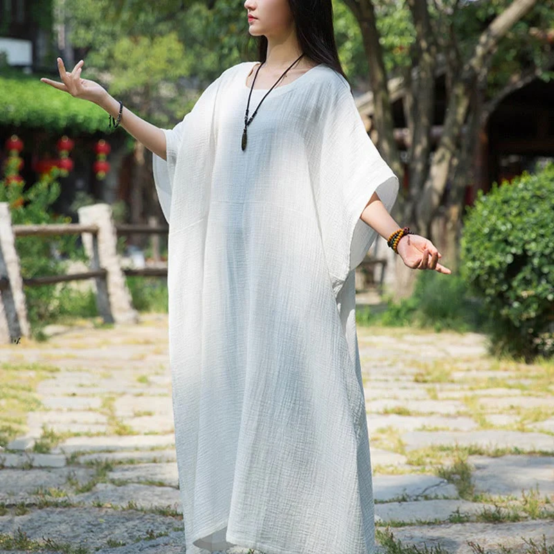 Mocoer Solid Color Loose Batwing Sleeve Maxi Dress With Pockets - Mocoer