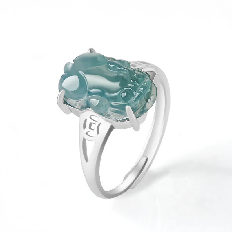 Mocoer 925 Sterling Silver Fengshui Wealth Prosperity Jade PiXiu Luck Ring - Mocoer