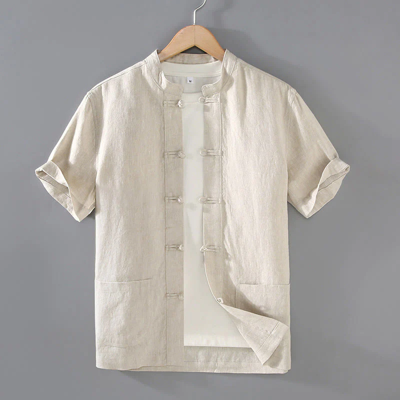 Mocoer Vintage Plain Tang Suit Chinese Frog-Button Cotton Linen Men's Shirt Jacket With Pockets - Mocoer