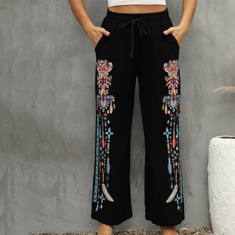 Mocoer Black Casual Ethnic Embroidery Cotton Linen Drawstring Women's Pants With Pockets - Mocoer