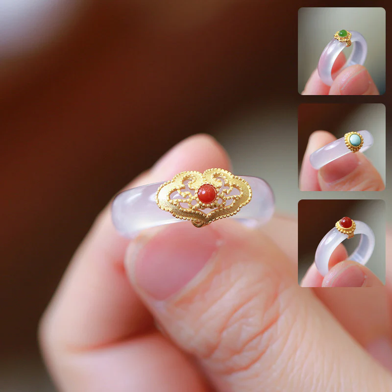 Mocoer White Agate Cyan Jade Turquoise Red Agate Luck Protection Ring - Mocoer