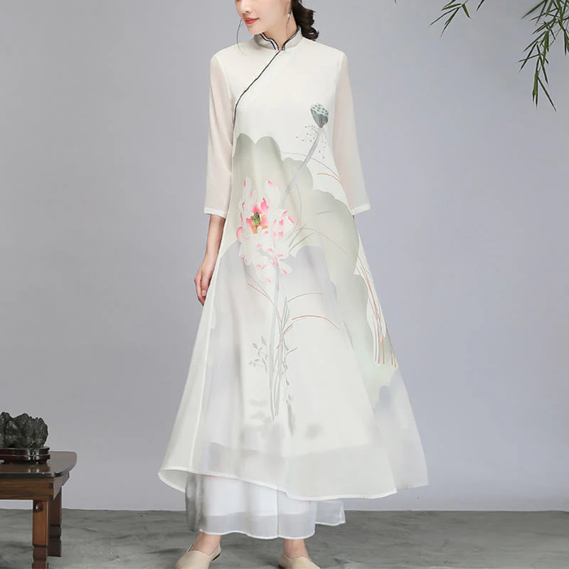 Mocoer Lotus Flower Pod Chiffon Cheongsam Midi Dress Meditation Zen Practice Clothing - Mocoer