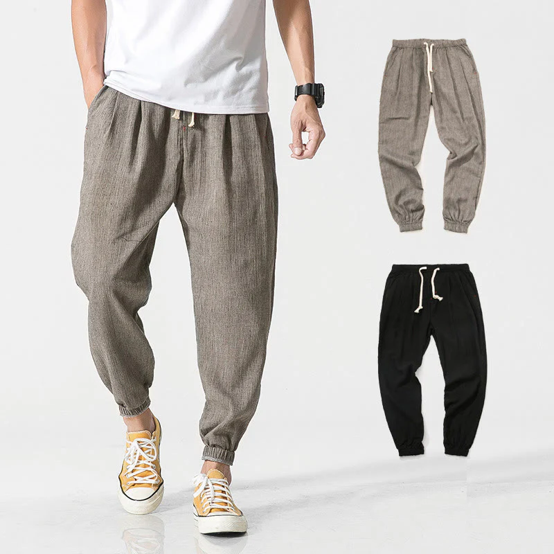 Mocoer Simple Drawstring Design Linen Men's Pants With Pockets - Mocoer