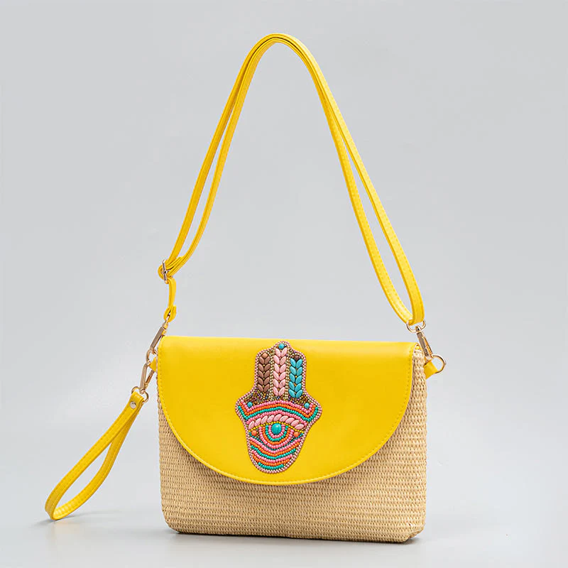 Mocoer Hamsa Elephant Flower Straw Woven Crossbody Bag Shoulder Bag Handbag - Mocoer