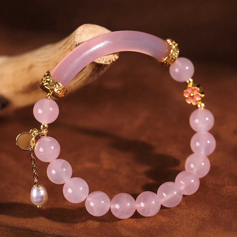 Mocoer Pink Crystal Blue Chalcedony Pearl Cuff Half Bracelet Bangle - Mocoer