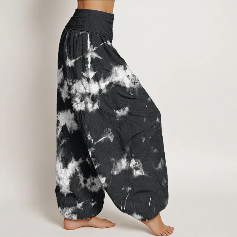 Mocoer Pure Cotton White Lines Spots Tie-Dye Pattern Women's Elastic Waist Harem Pants - Mocoer