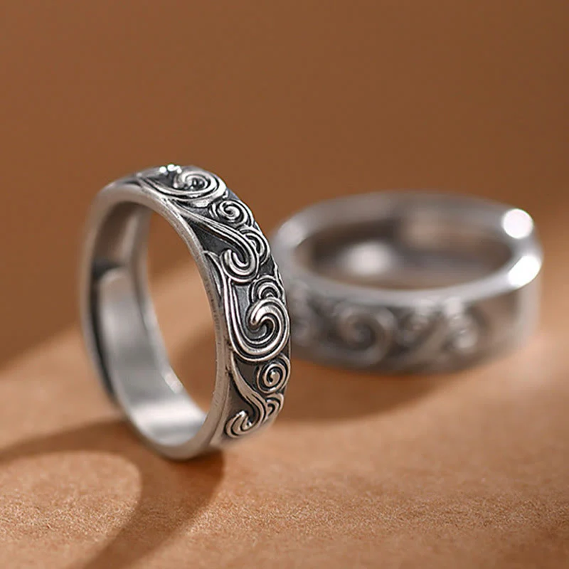 Mocoer 999 Sterling Silver Auspicious Clouds Engraved Blessing Adjustable Ring - Mocoer