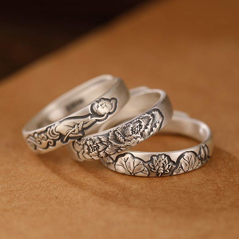 Mocoer 999 Sterling Silver Lotus Peony Flower Enlightenment Ring - Mocoer