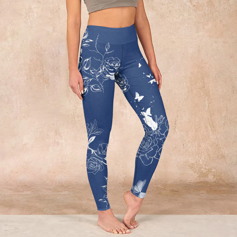 Mocoer Blue Rose Butterfly Print Sports Leggings Women's Yoga Pants - Mocoer