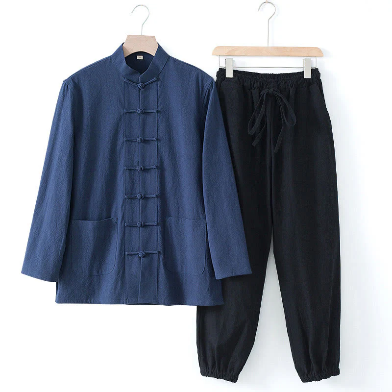 Mocoer Meditation Frog-Button Tang Long Sleeve Shirt Pants Men's Suit - Mocoer