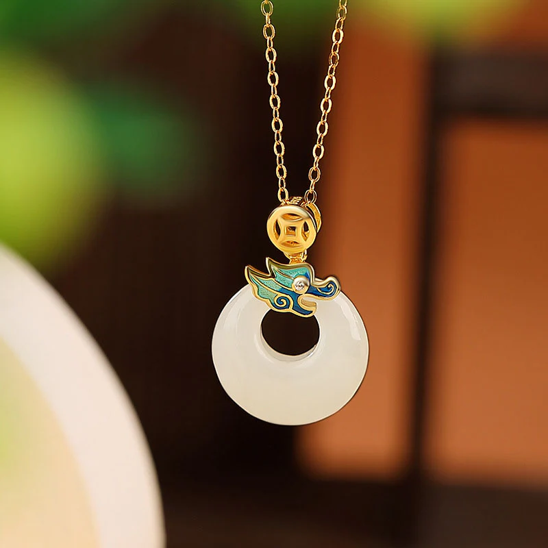 Mocoer 925 Sterling Silver Plated Gold Year of the Dragon Hetian Jade Peace Buckle Copper Coin Abundance Necklace Pendant - Mocoer