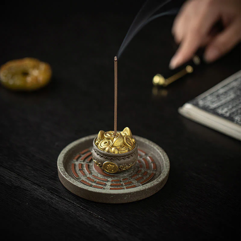 Mocoer Small Treasure Bowl Lucky Bag Bagua Tray Healing Ceramic Stick Incense Burner Decoration - Mocoer