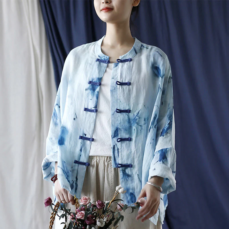 Mocoer Tie Dye Blue Flowers Frog-Button Design Long Sleeve Ramie Linen Jacket Shirt - Mocoer