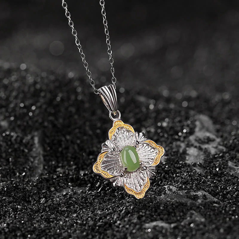 Mocoer 925 Sterling Silver Plated Gold Hetian Cyan Jade Rhombus Design Luck Healing Necklace Pendant - Mocoer