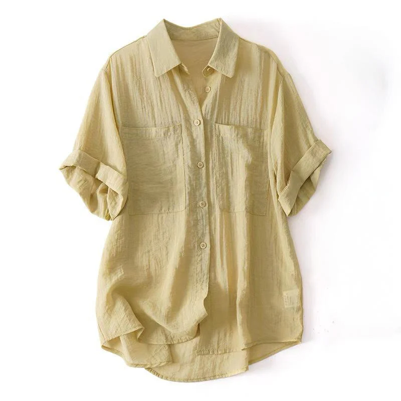 Mocoer Casual Loose Single Row Multi-button Cotton Linen Half Sleeve Women's Shirt With Pockets - Mocoer