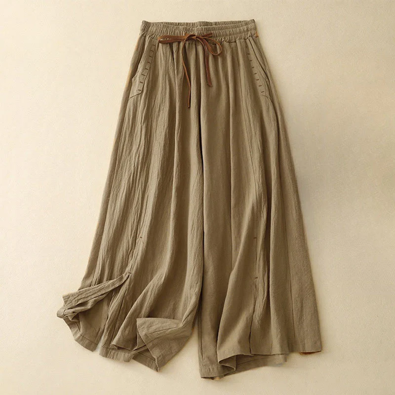 Mocoer Casual Simple Design Drawstring Split Cotton Linen Women's Wide Leg Pants With Pockets - Mocoer