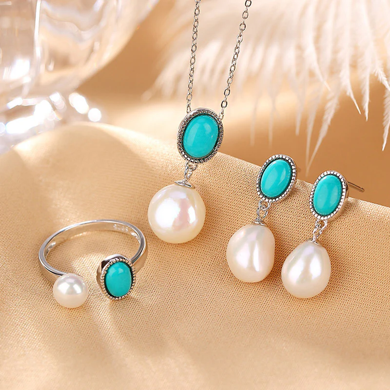 Mocoer 925 Sterling Silver Pearl Turquoise Healing Wisdom Necklace Pendant Ring Earrings - Mocoer
