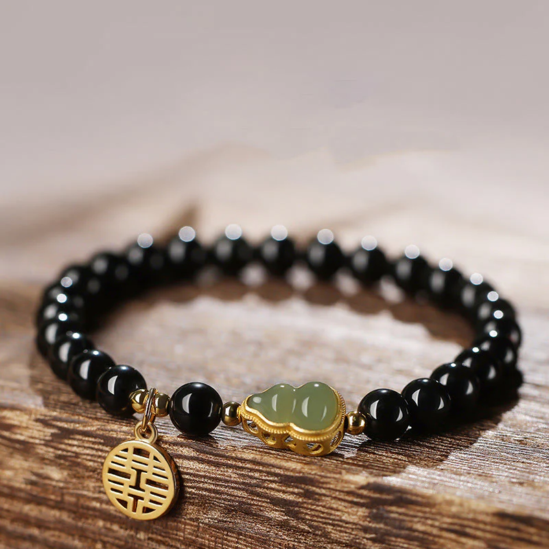 Mocoer Natural Black Obsidian Hetian Jade Gourd Double Happiness Strength Bracelet - Mocoer